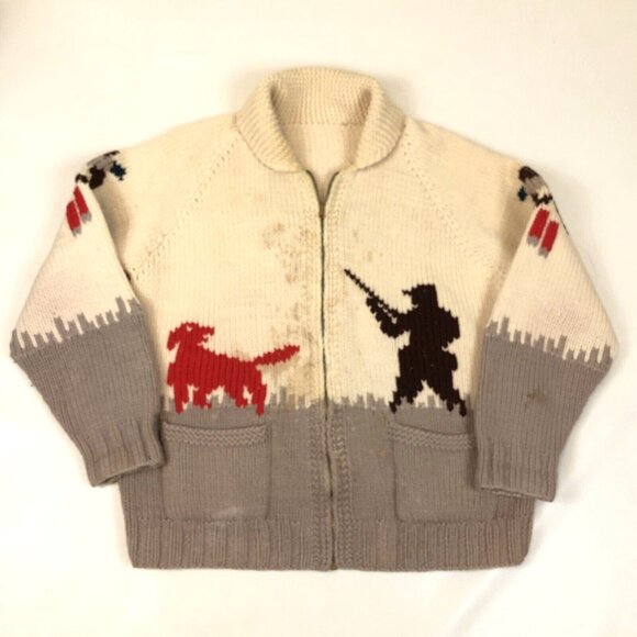 Vintage Cowichan Knitted Zip Sweater Hunter Dog Hunting Pheasant Talon Zipper - Picture 11 of 11